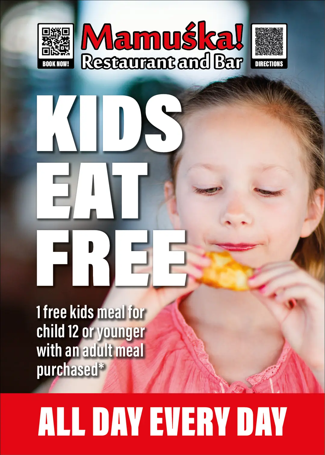 Mamuśka! Kids Eat Free A6 Flyer (Front)